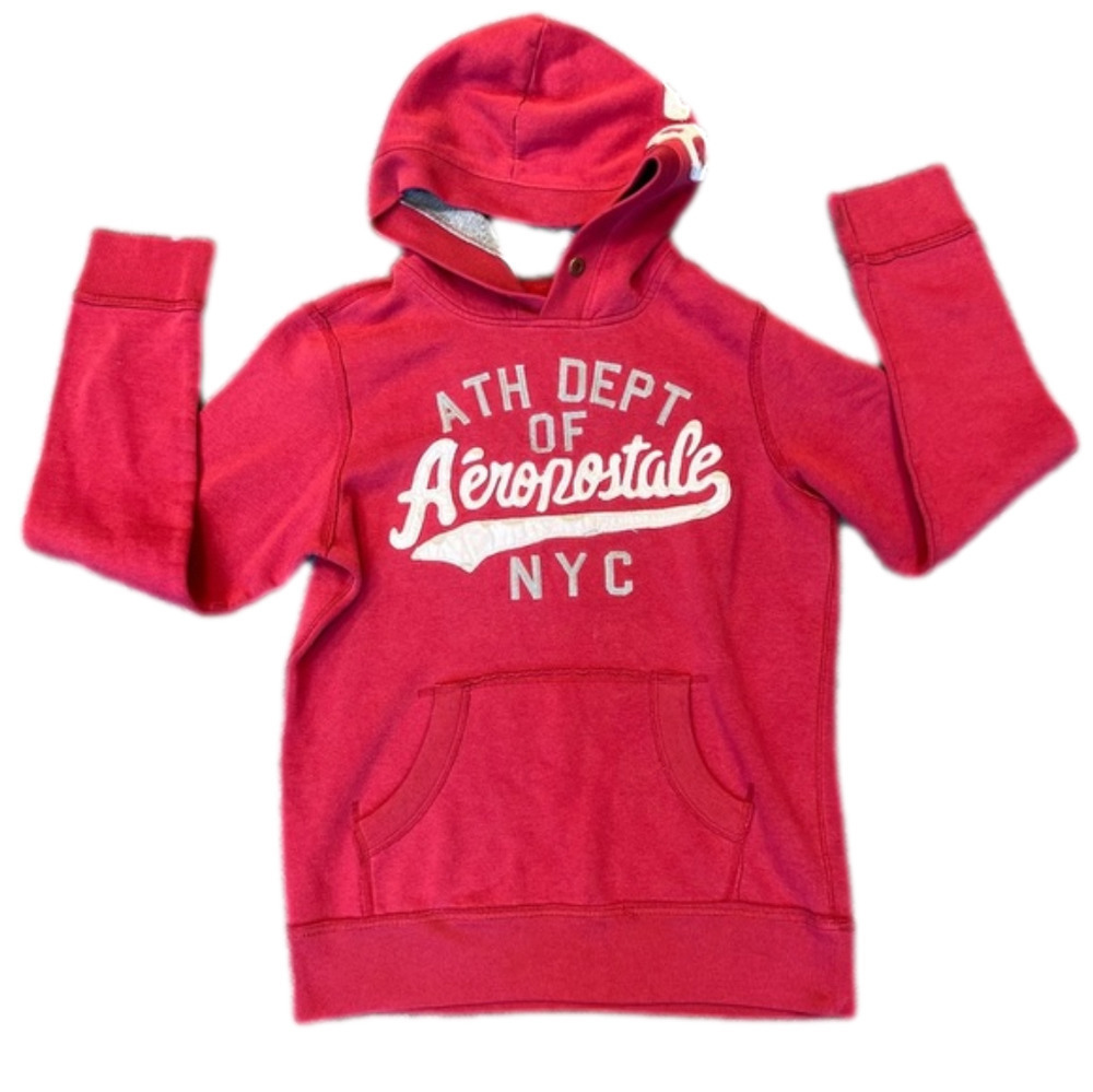 AÉROPOSTALE athletic department red hoodie with pocket, M, patchwork stitching.